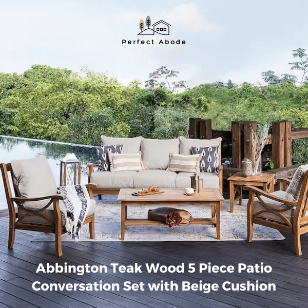 2. Abbington Teak Wood 5 Piece Patio Conversation Set with Beige Cushion