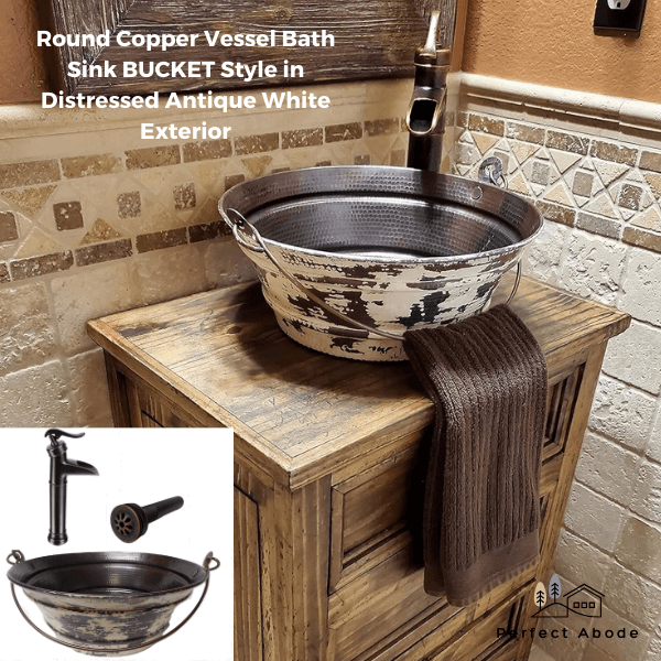 bwe round copper vessel bath sink bucket style in distressed antique white exterior round white ceramic porcelain vessel sink