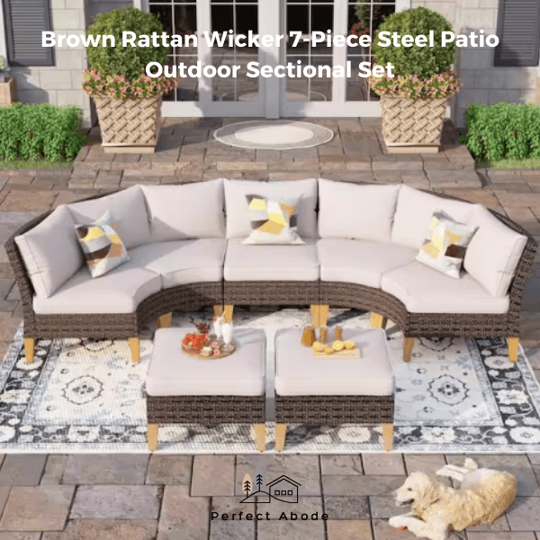 5. Brown Rattan Wicker 7-Piece Steel Patio Outdoor Sectional Set