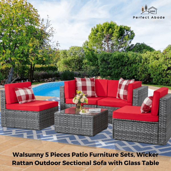 3. Walsunny 5 Pieces Patio Furniture Sets, Wicker Rattan Outdoor Sectional Sofa with Glass Table